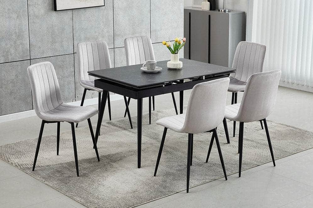 IFDC Edson 7 Piece Extendable Sintered Stone Marble Top with Black Steel Legs Dining Room Furniture Set, image 2