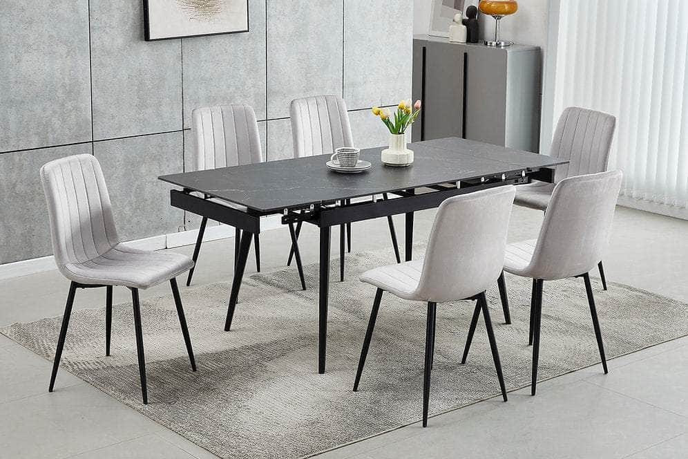 IFDC Edson 7 Piece Extendable Sintered Stone Marble Top with Black Steel Legs Dining Room Furniture Set, image 1