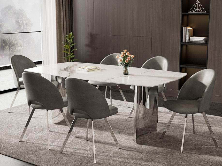 IFDC Merritt 7 Piece Sintered Stone Matte Snow White Marble Top and Stainless Steel Base Dining Room Furniture Set, image 1