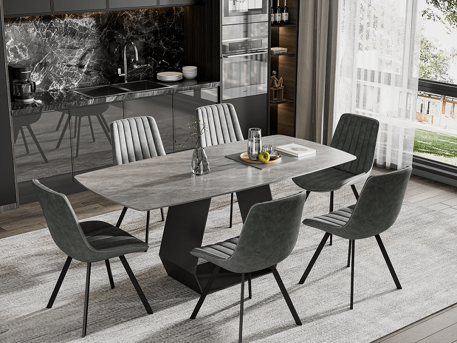 IFDC Camrose 7 Piece Sintered Stone Armani Grey Marble Top with Carbon Black Steel Base Dining Room Furniture Set, image 1