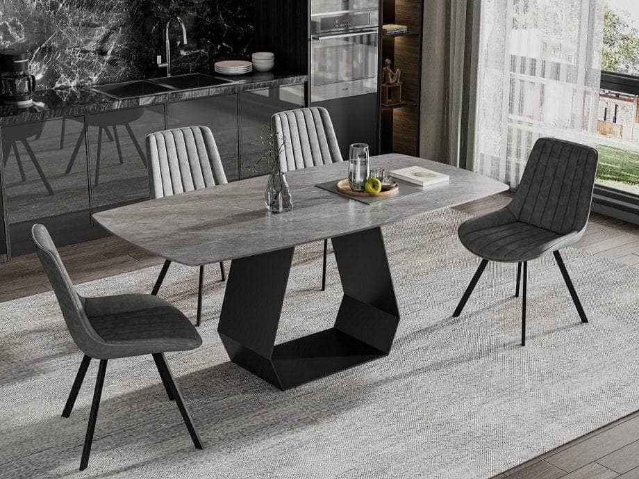 IFDC Camrose 7 Piece Sintered Stone Armani Grey Marble Top with Carbon Black Steel Base Dining Room Furniture Set, image 2