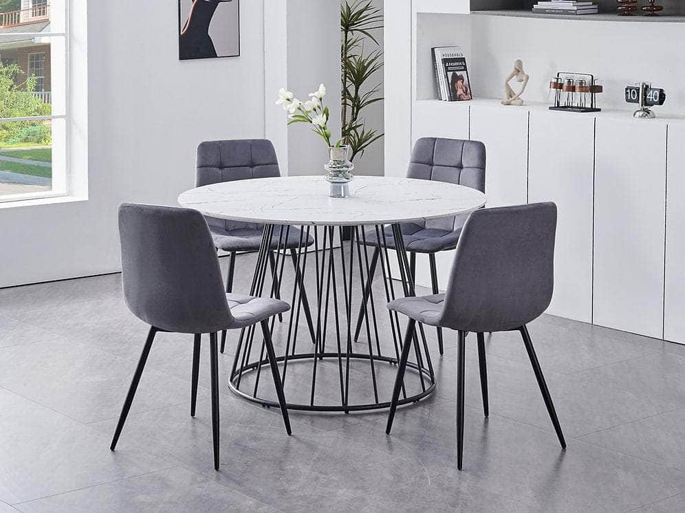 IFDC Magrath 5 Piece Round White Marble Veneer Top with Black Pedestal Steel Base Dining Room Furniture Set, image 4