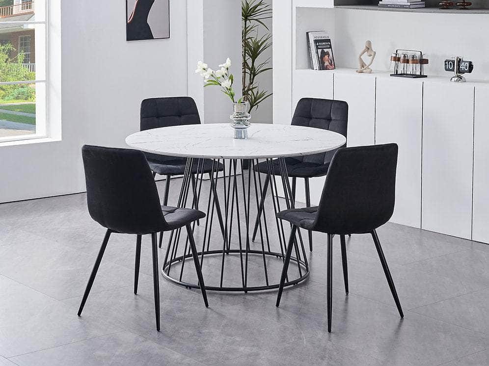 IFDC Magrath 5 Piece Round White Marble Veneer Top with Black Pedestal Steel Base Dining Room Furniture Set, image 1