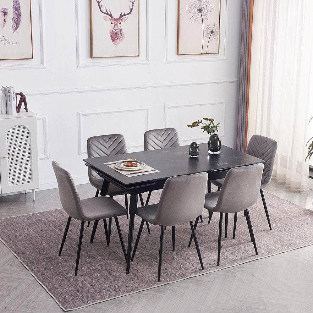IFDC Blackfalds 7 Piece Extendable Sintered Stone Black Marble Top with Black Steel Legs Dining Room Furniture Set, image 2