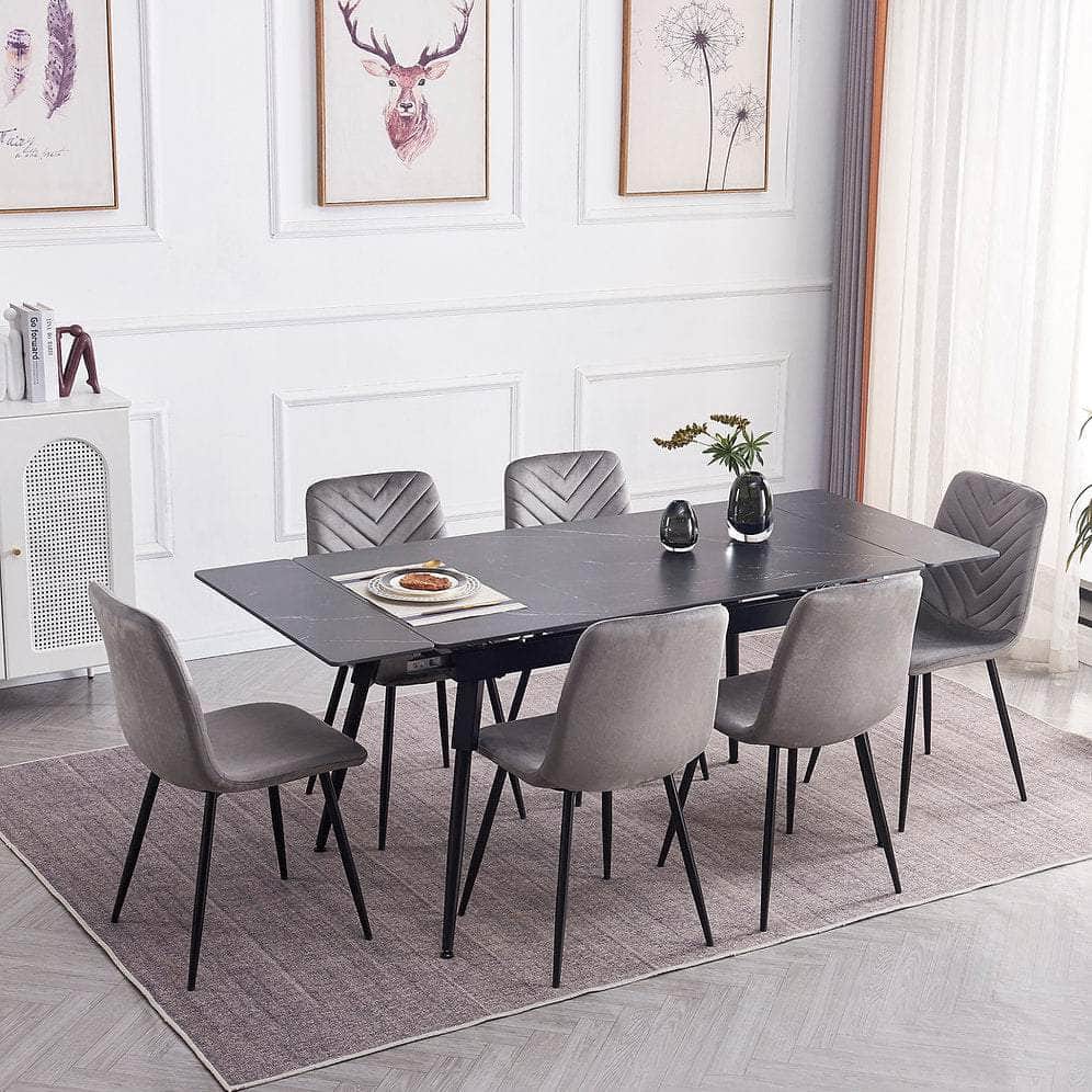 IFDC Blackfalds 7 Piece Extendable Sintered Stone Black Marble Top with Black Steel Legs Dining Room Furniture Set, image 1