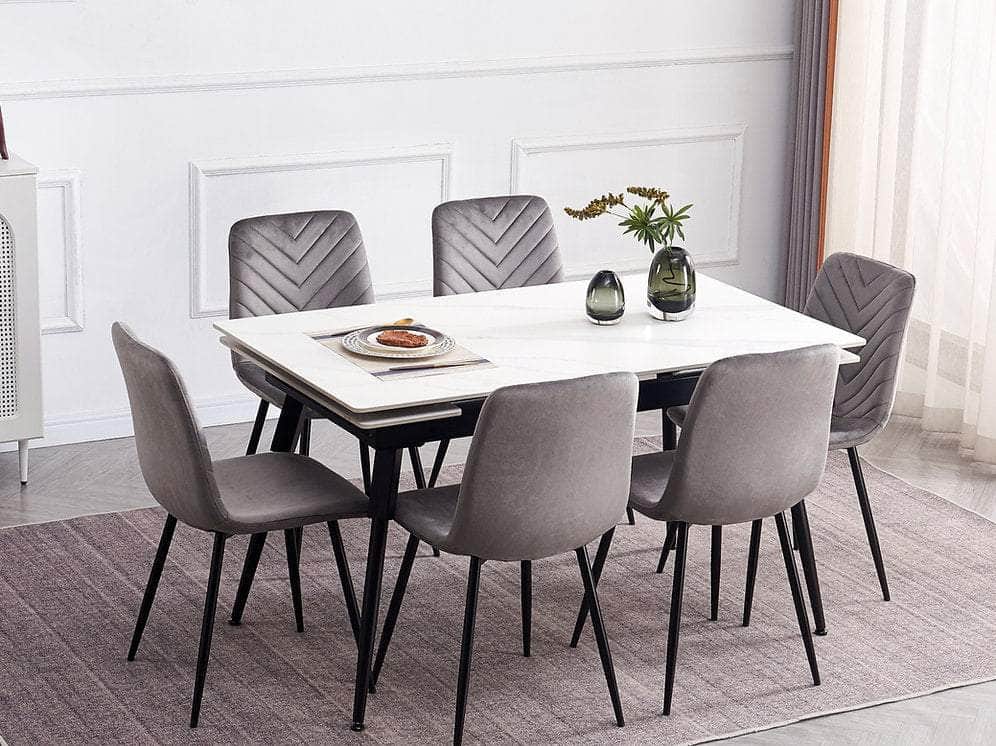 IFDC Lacombe 7 Piece Extendable Sintered Stone White Marble Top with Black Steel Legs Dining Room Furniture Set, image 2