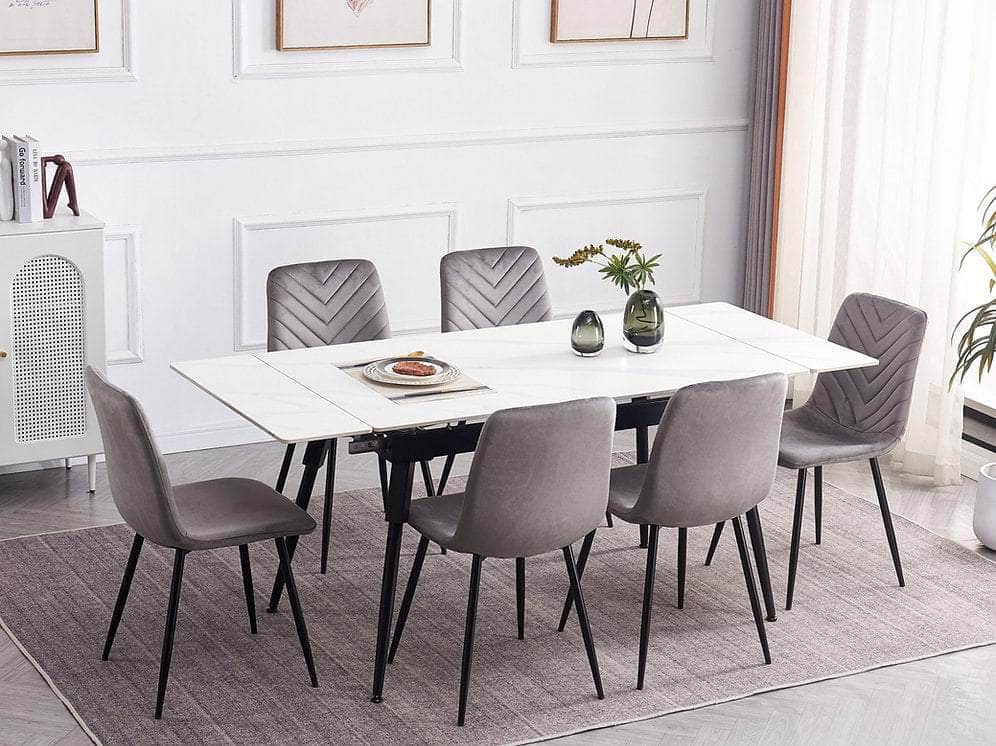 IFDC Lacombe 7 Piece Extendable Sintered Stone White Marble Top with Black Steel Legs Dining Room Furniture Set, image 1