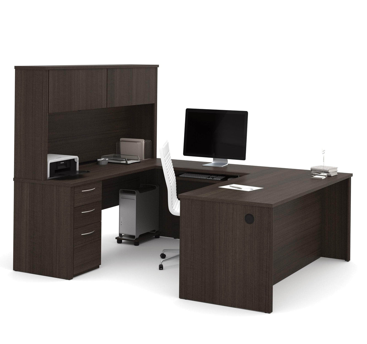 Modubox Embassy 72W U Shaped Executive Desk with Pedestal and Hutch in Dark Chocolate, image 1