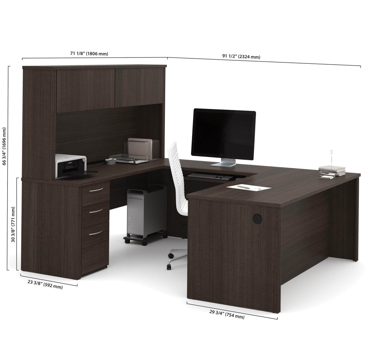 Modubox Embassy 72W U Shaped Executive Desk with Pedestal and Hutch in Dark Chocolate, image 3