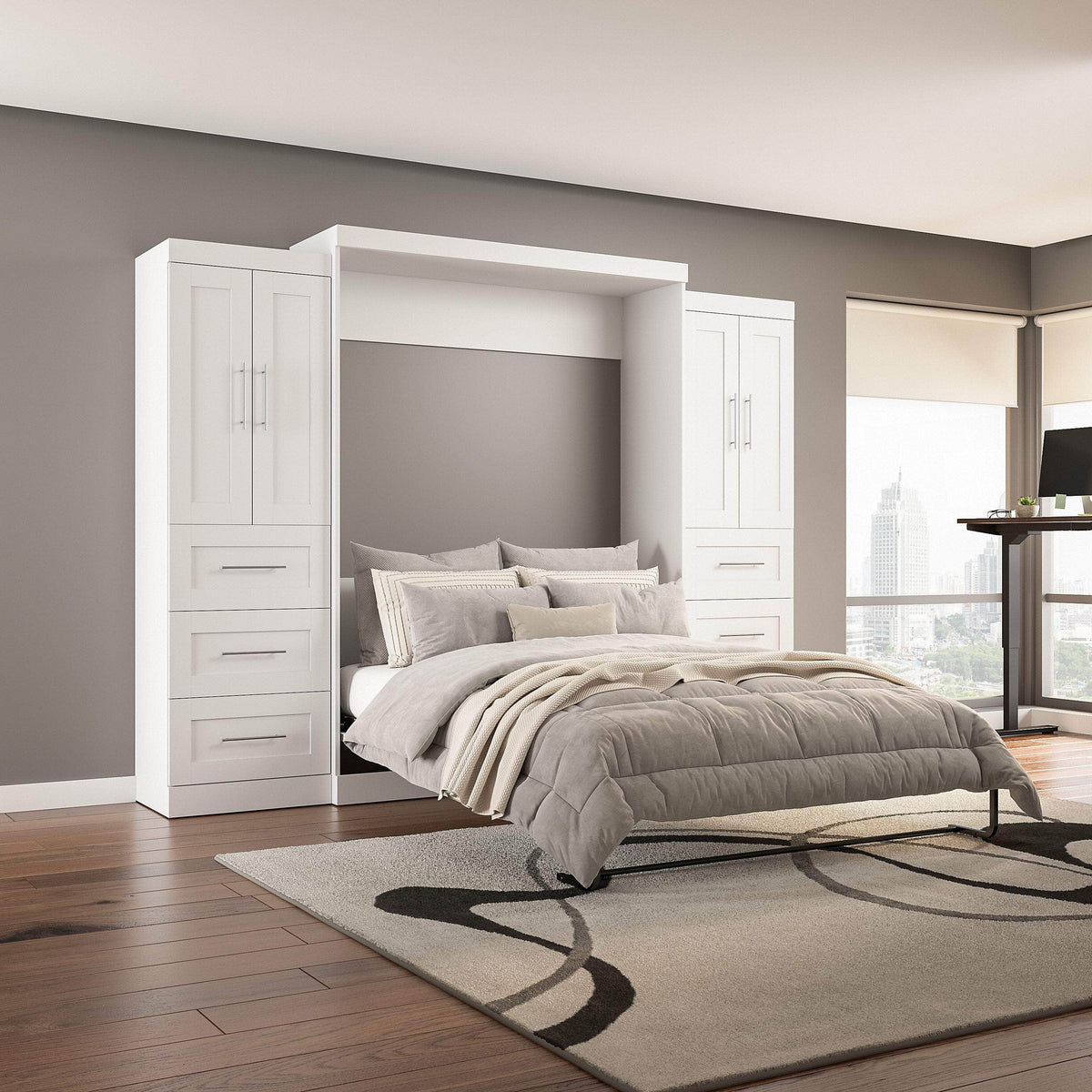 Modubox Pur Queen Murphy Wall Bed with Closet Storage Cabinets (115W) in White, image 1