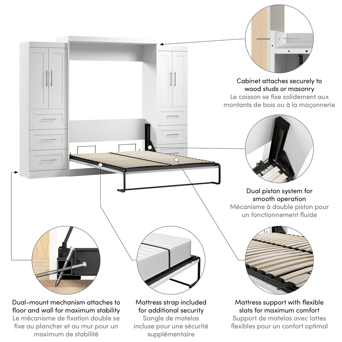 Modubox Pur Queen Murphy Wall Bed with Closet Storage Cabinets (115W) in White, image 6