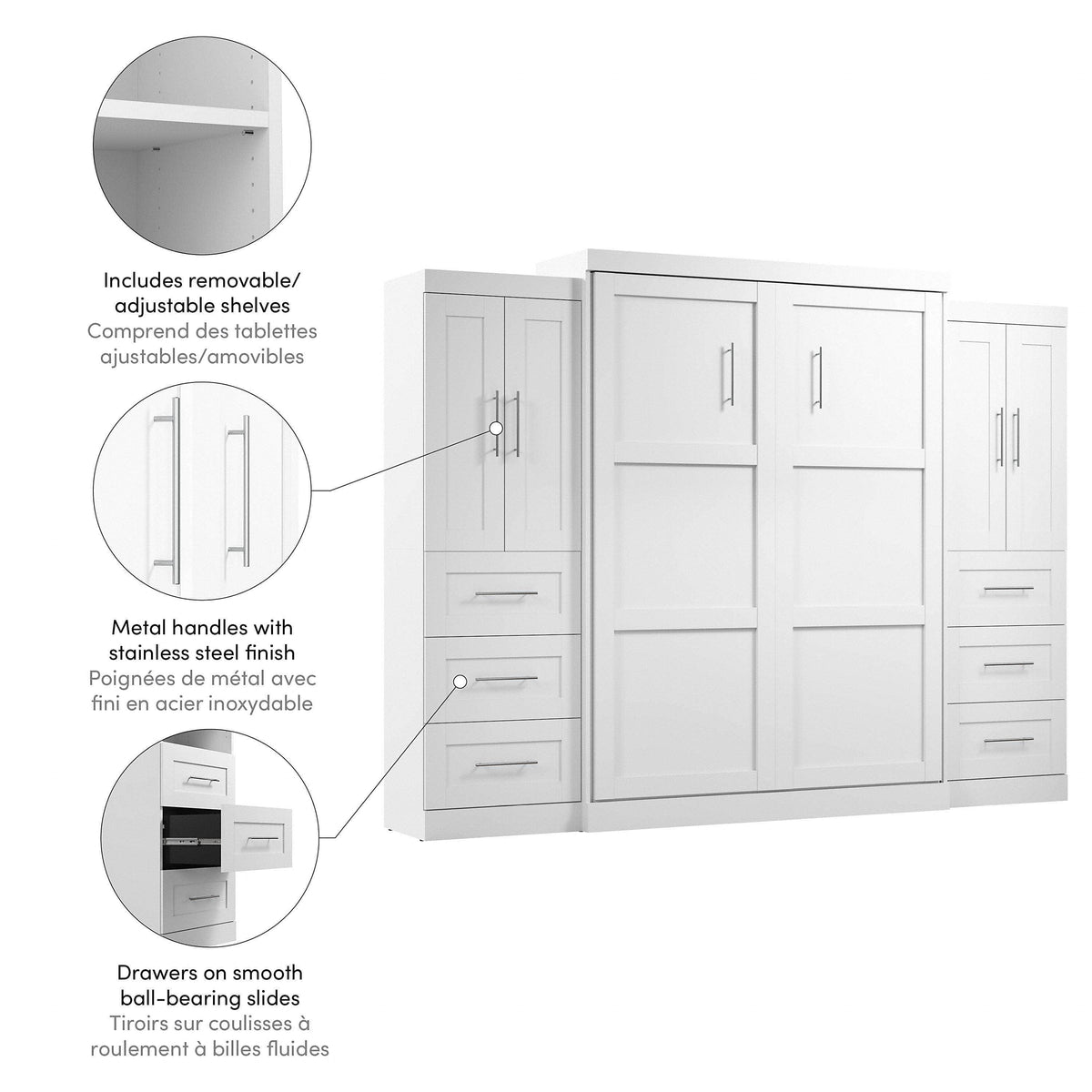 Modubox Pur Queen Murphy Wall Bed with Closet Storage Cabinets (115W) in White, image 11