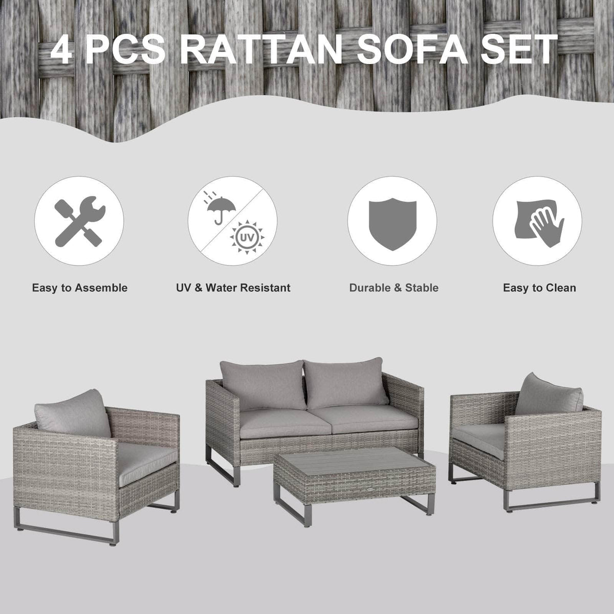 Aosom 4 Piece Outdoor Patio Rattan Wicker Conversation Set in Grey, image 4
