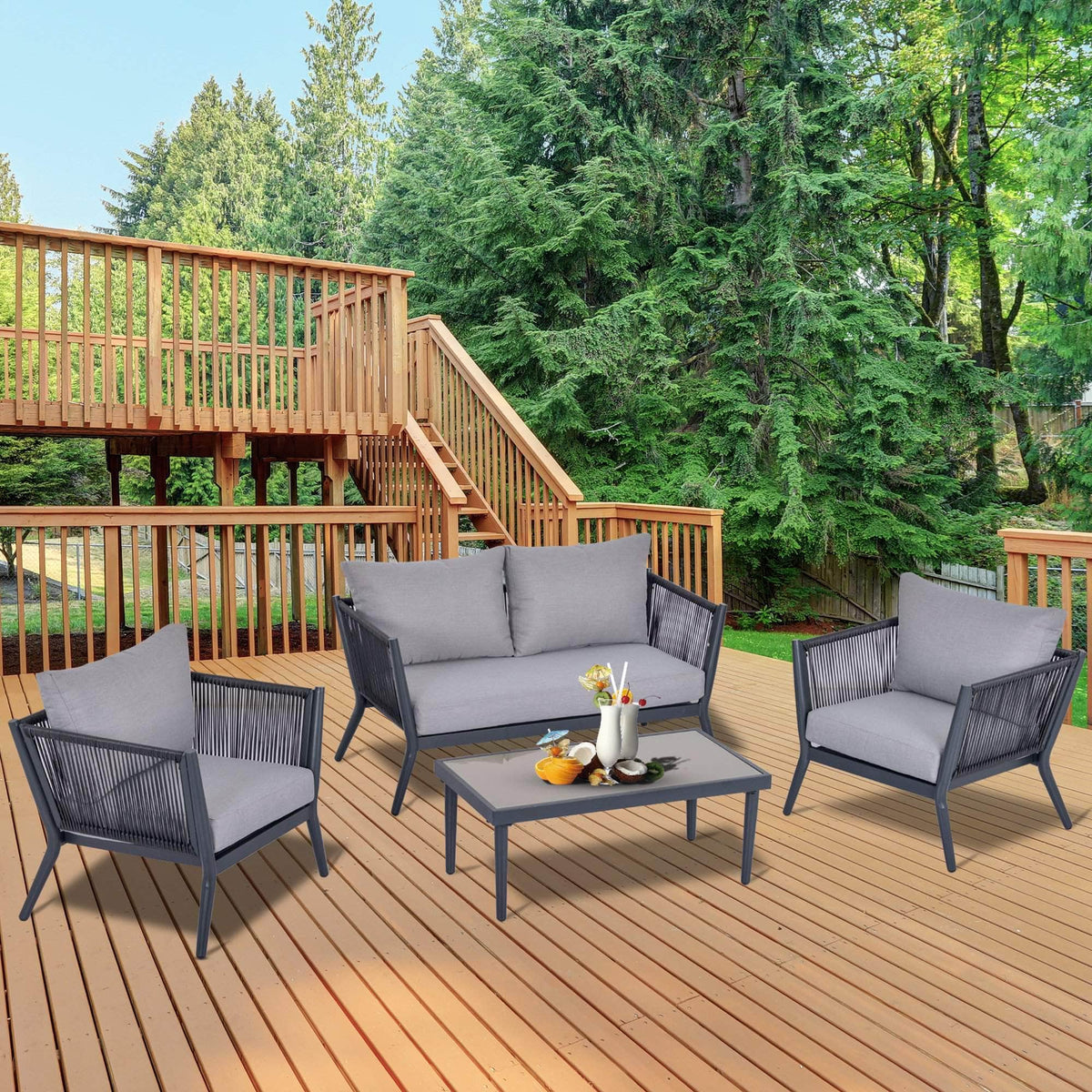 Aosom 4 Piece Outdoor Patio Metal and Rattan Wicker Conversation Set in Light Grey, image 1