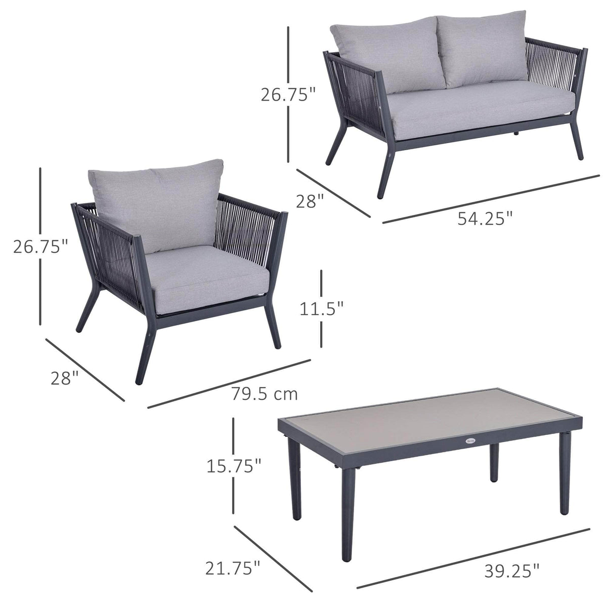 Aosom 4 Piece Outdoor Patio Metal and Rattan Wicker Conversation Set in Light Grey, image 3