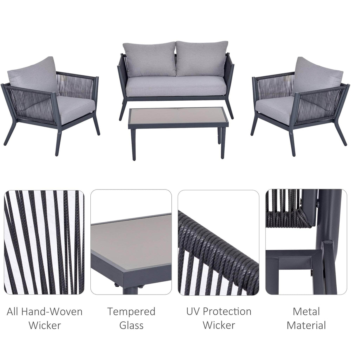 Aosom 4 Piece Outdoor Patio Metal and Rattan Wicker Conversation Set in Light Grey, image 4