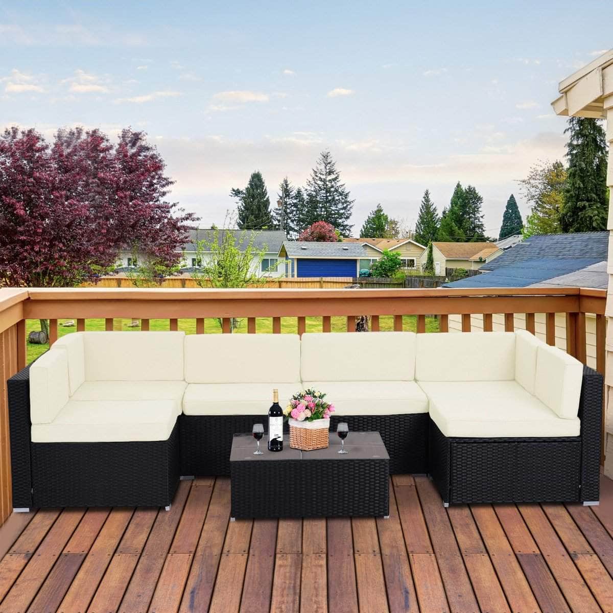 Aosom 7 Piece Outdoor Patio Wicker Rattan Modular U Shaped Sectional Sofa Set with Coffee Table in Khaki, image 1