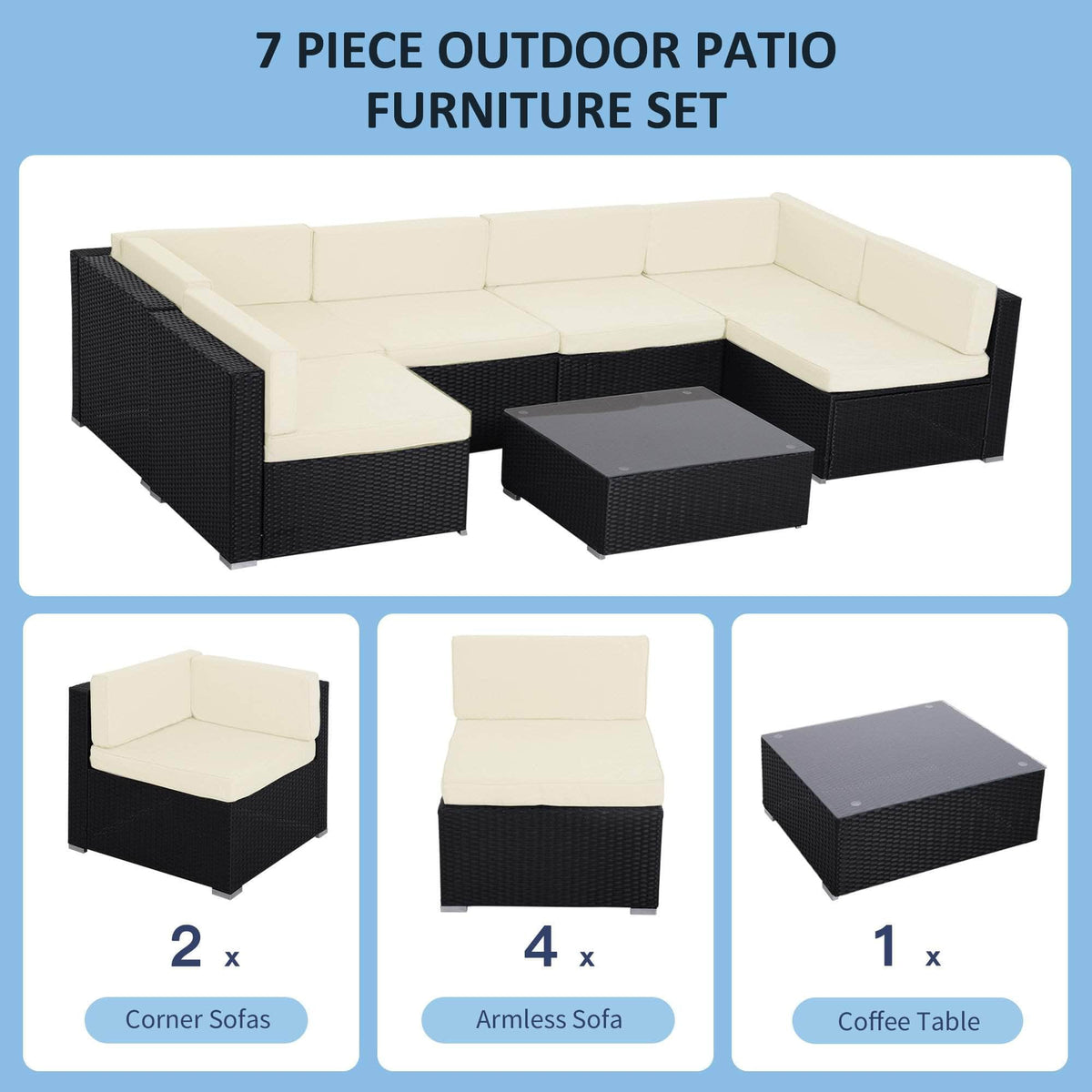 Aosom 7 Piece Outdoor Patio Wicker Rattan Modular U Shaped Sectional Sofa Set with Coffee Table in Khaki, image 4