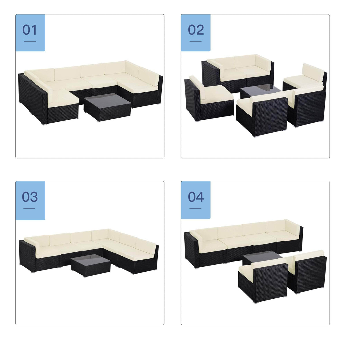 Aosom 7 Piece Outdoor Patio Wicker Rattan Modular U Shaped Sectional Sofa Set with Coffee Table in Khaki, image 6