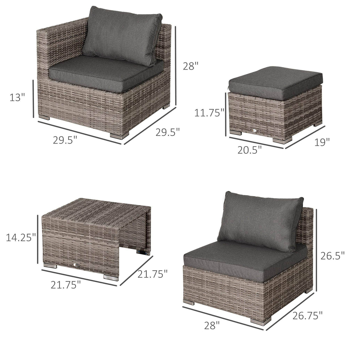 Aosom 8 Piece Outdoor Patio Wicker Rattan Modular Conversation Furniture Set in Grey, image 3