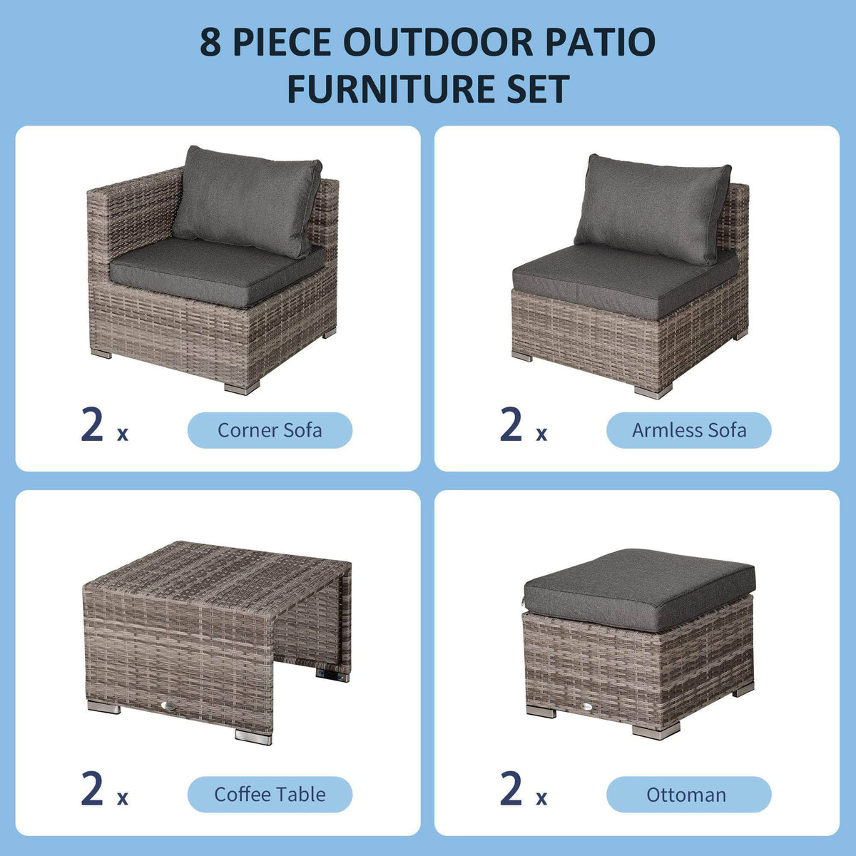 Aosom 8 Piece Outdoor Patio Wicker Rattan Modular Conversation Furniture Set in Grey, image 4