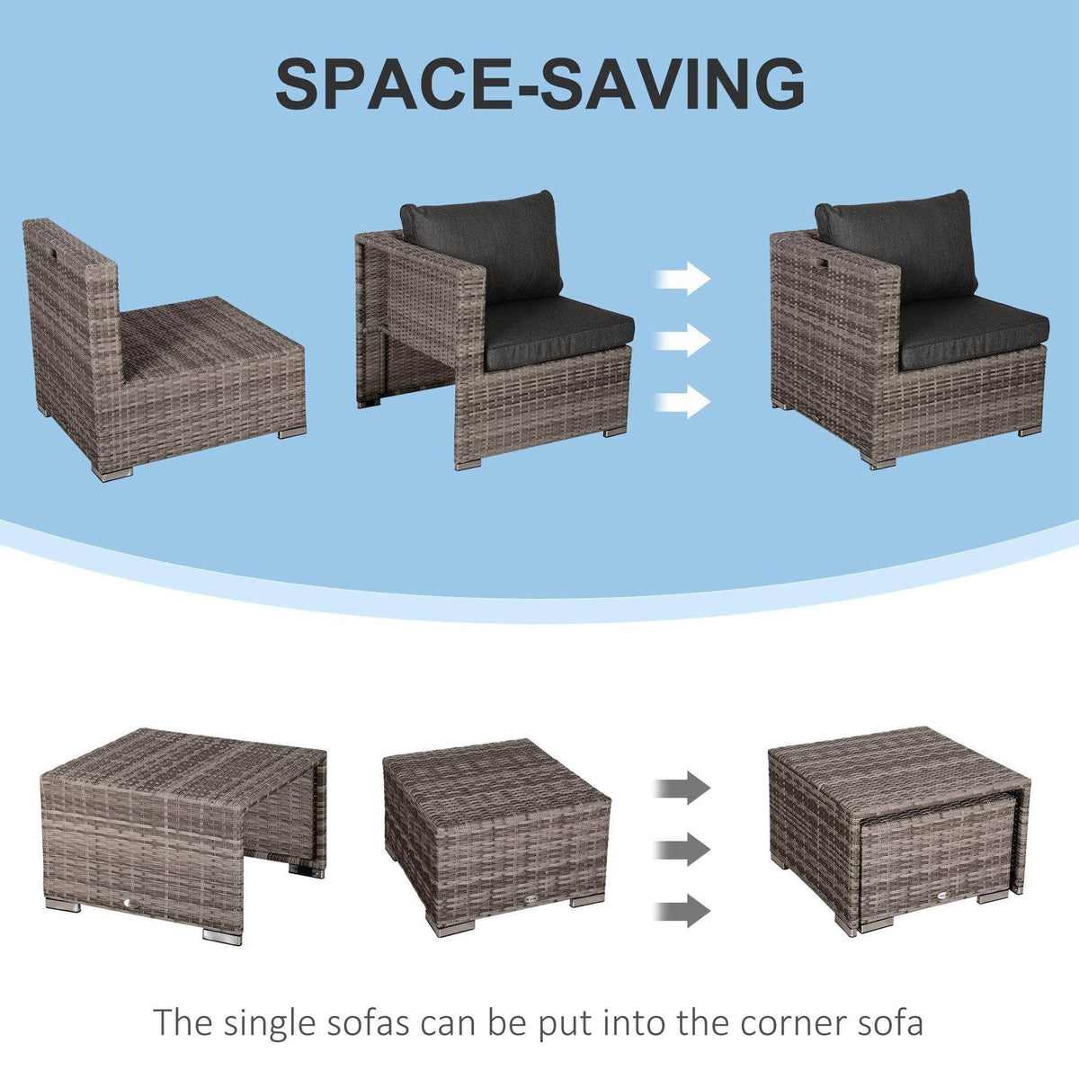 Aosom 8 Piece Outdoor Patio Wicker Rattan Modular Conversation Furniture Set in Grey, image 6
