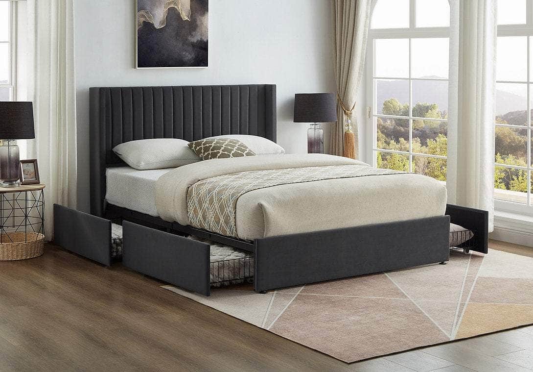 True Contemporary Yorkton Grey Velvet Wingback Platform Bed with 4 Storage Drawers, image 2