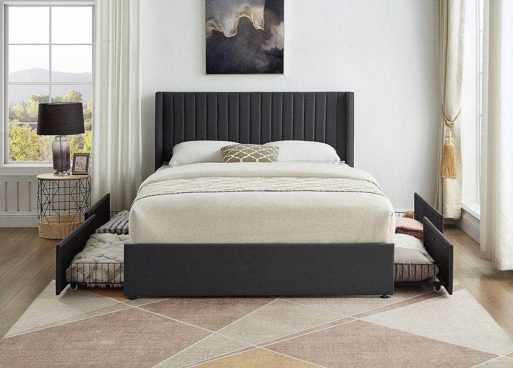 True Contemporary Yorkton Grey Velvet Wingback Platform Bed with 4 Storage Drawers, image 1
