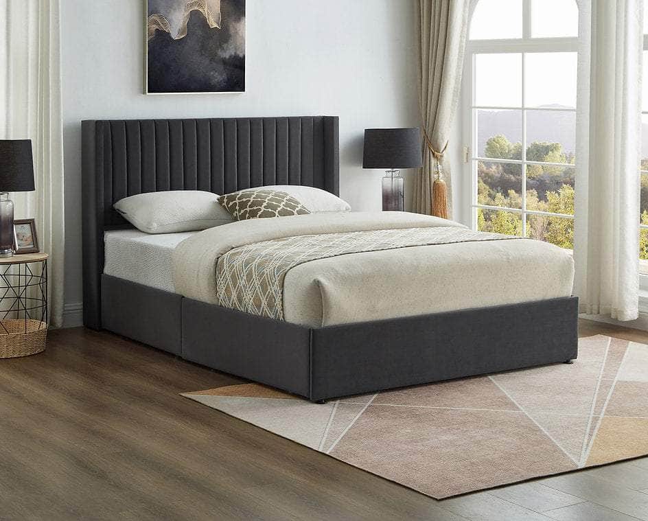 True Contemporary Yorkton Grey Velvet Wingback Platform Bed with 4 Storage Drawers, image 3
