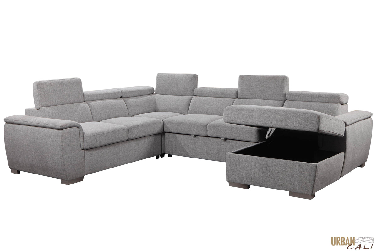Urban Cali Bel Air 123.5" Wide Large Modular Sleeper Sectional Sofa Bed with Storage Chaise in Thora Stone, image 24