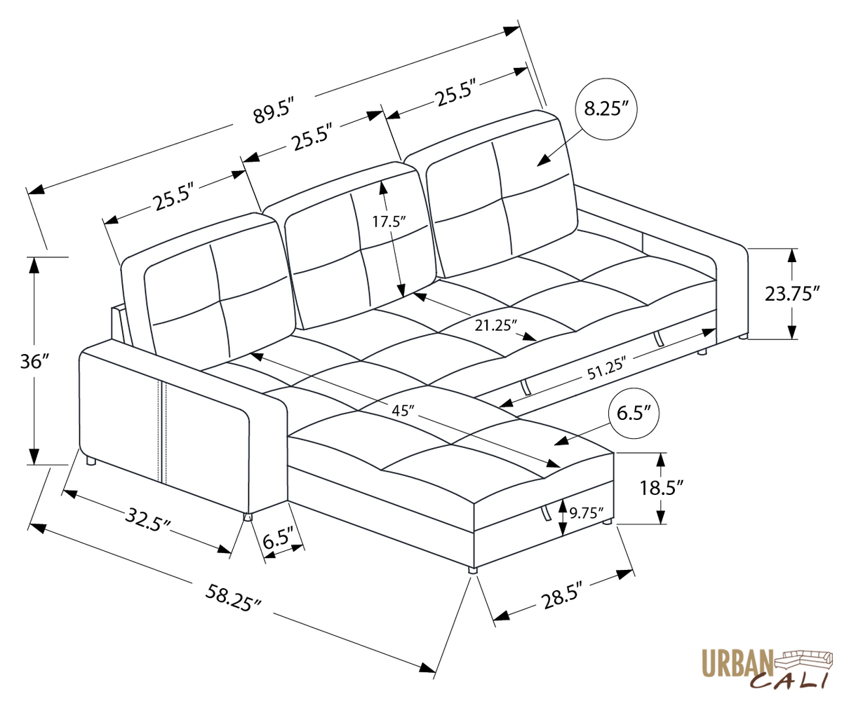 Urban Cali Venice 89.5" Wide Sleeper Sectional Sofa Bed with Reversible Storage Chaise, image 36