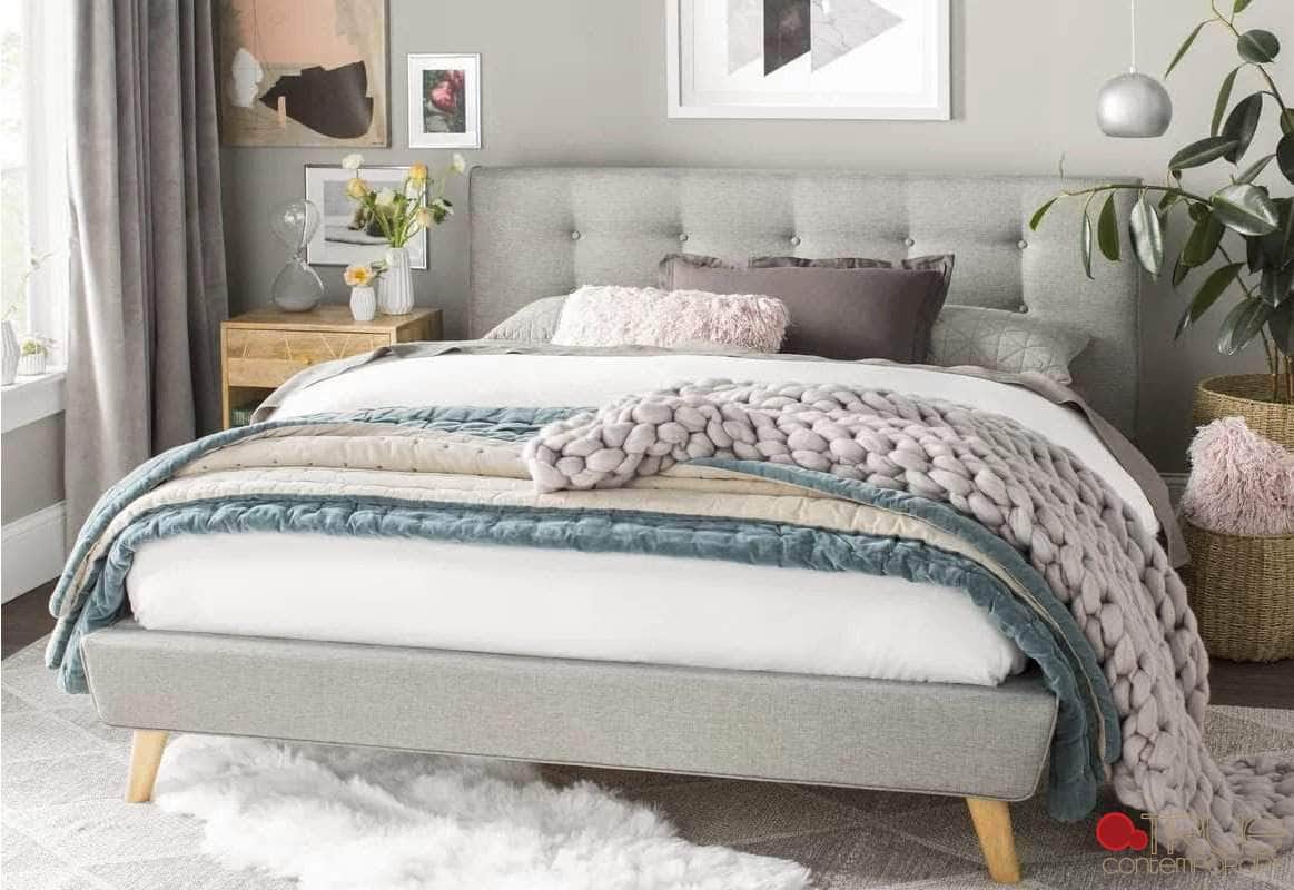 True Contemporary Drew Grey Tufted Linen Platform Bed, image 3