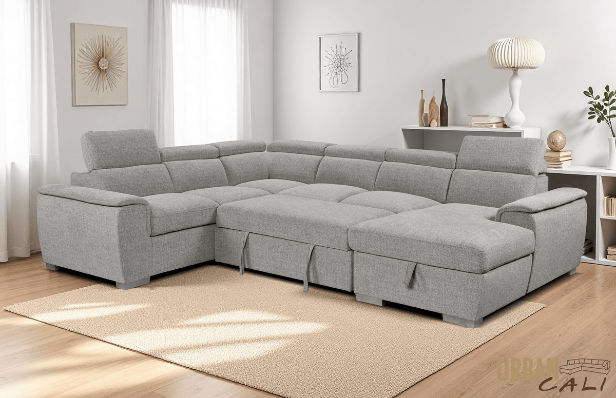 Urban Cali Bel Air 123.5" Wide Large Modular Sleeper Sectional Sofa Bed with Storage Chaise in Thora Stone, image 15