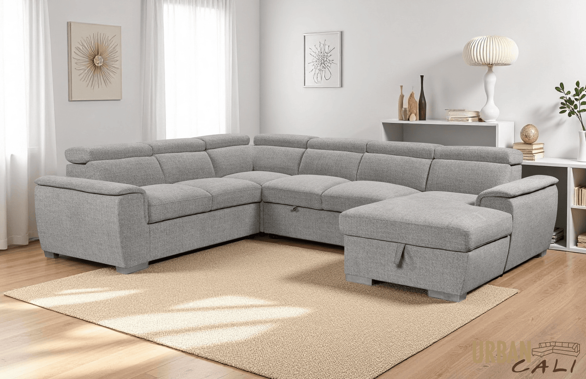 Urban Cali Bel Air 123.5" Wide Large Modular Sleeper Sectional Sofa Bed with Storage Chaise in Thora Stone, image 16