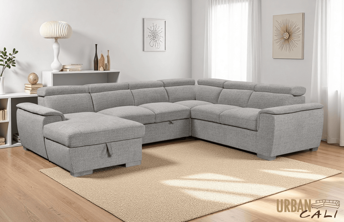 Urban Cali Bel Air 123.5" Wide Large Modular Sleeper Sectional Sofa Bed with Storage Chaise in Thora Stone, image 3