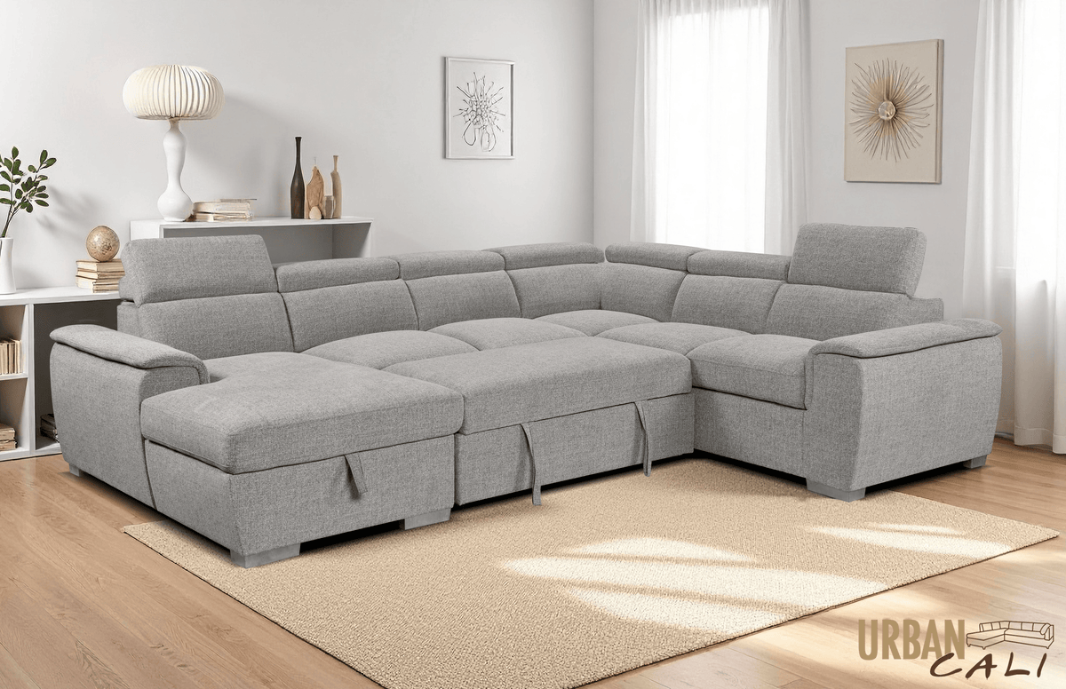 Urban Cali Bel Air 123.5" Wide Large Modular Sleeper Sectional Sofa Bed with Storage Chaise in Thora Stone, image 2