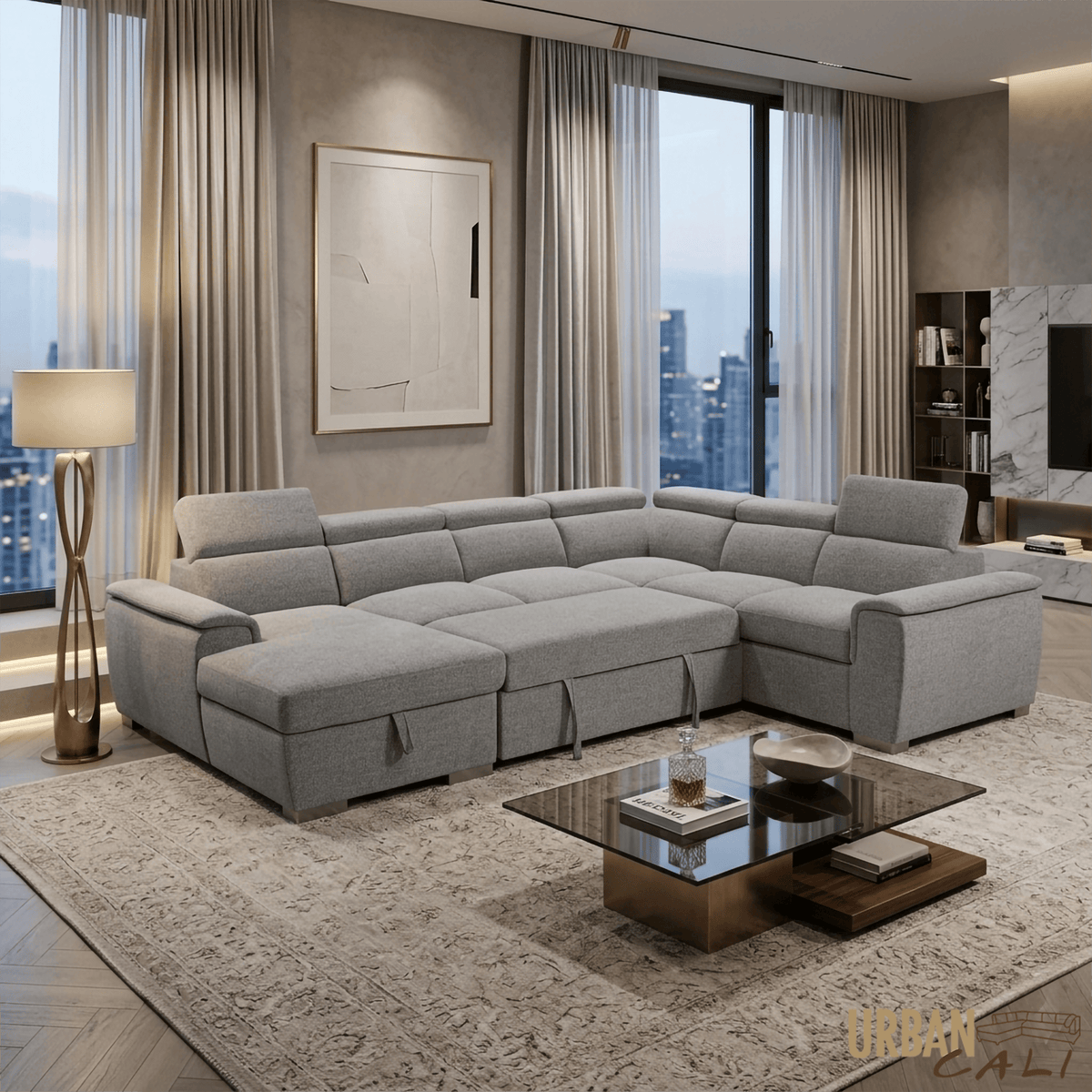 Urban Cali Bel Air 123.5" Wide Large Modular Sleeper Sectional Sofa Bed with Storage Chaise in Thora Stone, image 1