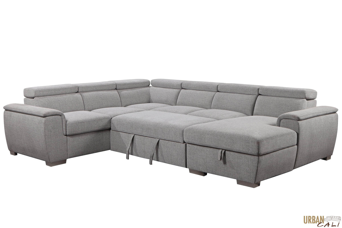 Urban Cali Bel Air 123.5" Wide Large Modular Sleeper Sectional Sofa Bed with Storage Chaise in Thora Stone, image 21