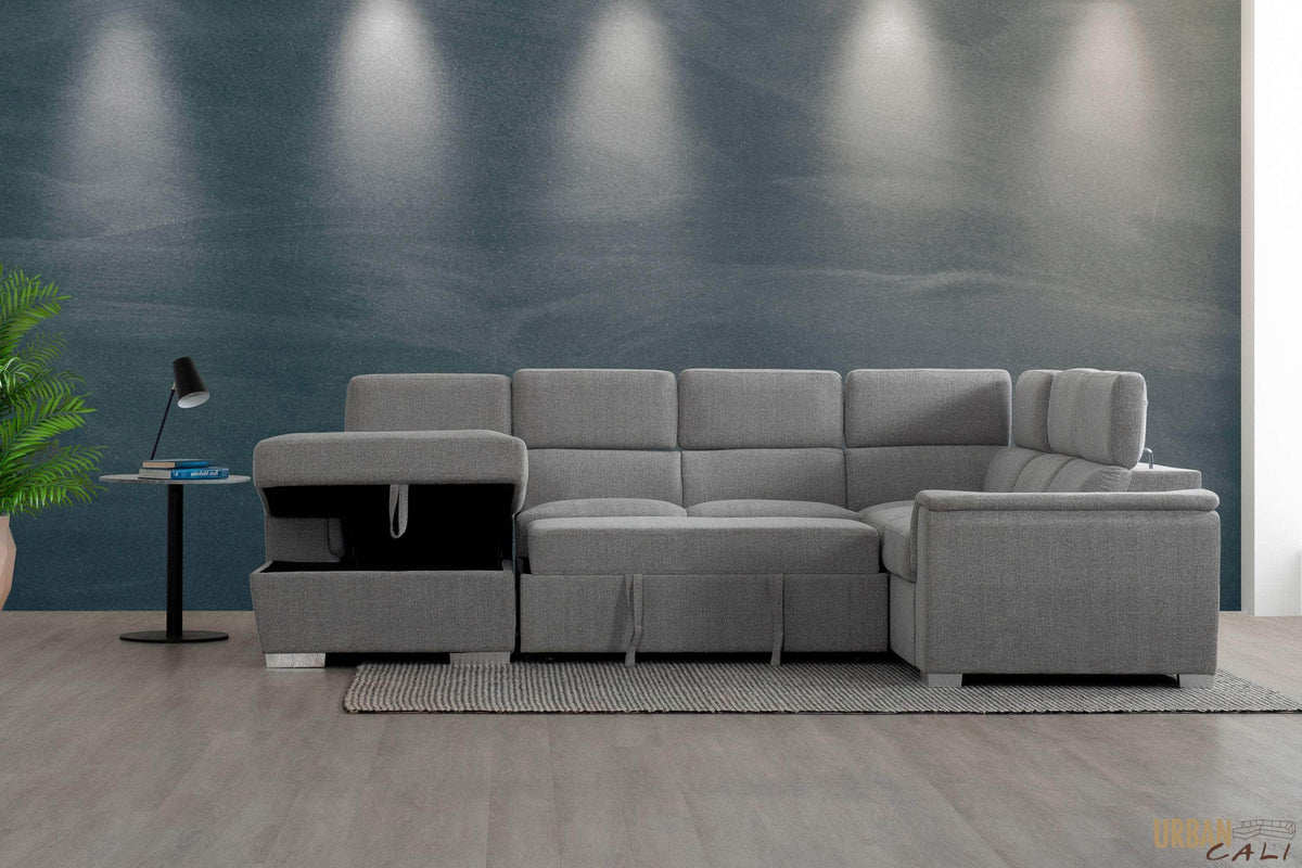 Urban Cali Bel Air 123.5" Wide Large Modular Sleeper Sectional Sofa Bed with Storage Chaise in Thora Stone, image 4