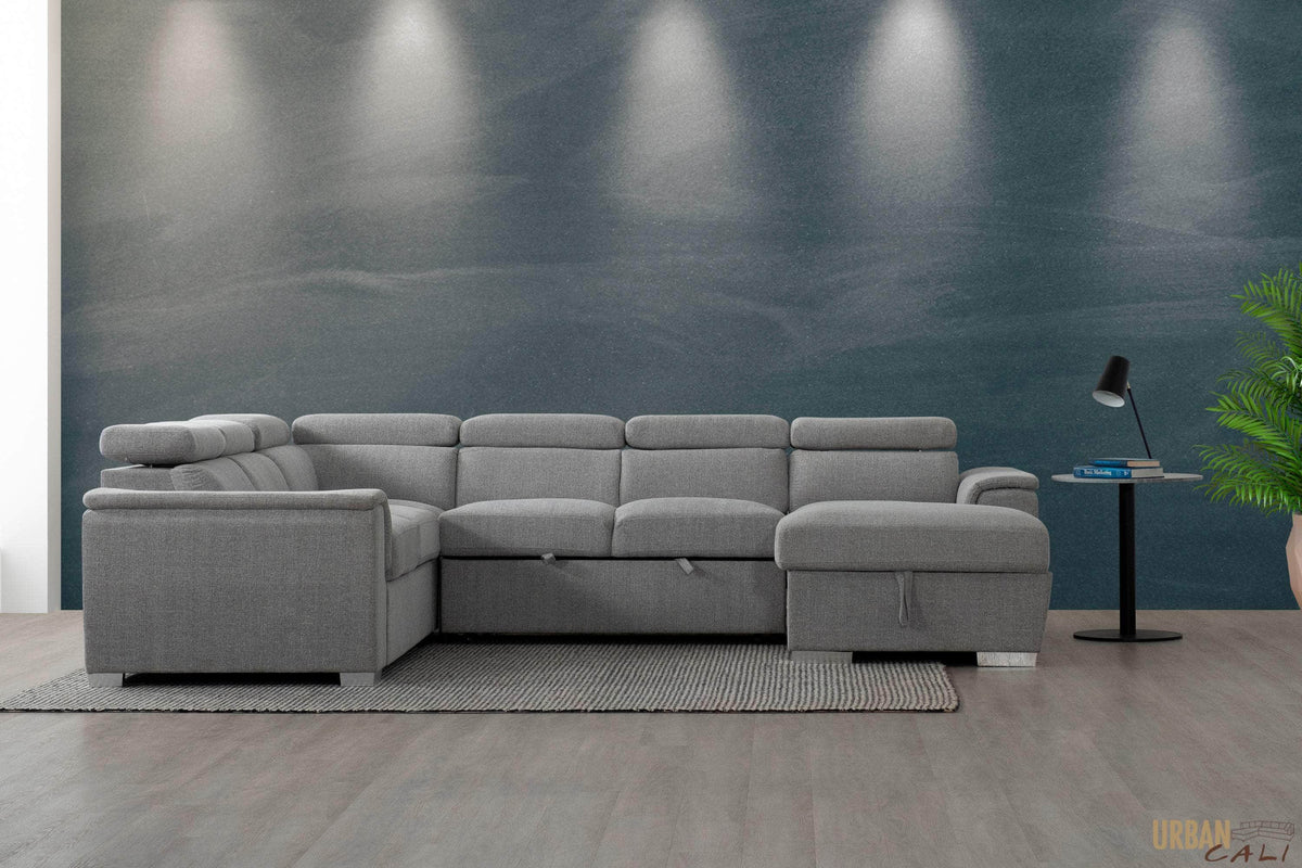 Urban Cali Bel Air 123.5" Wide Large Modular Sleeper Sectional Sofa Bed with Storage Chaise in Thora Stone, image 18
