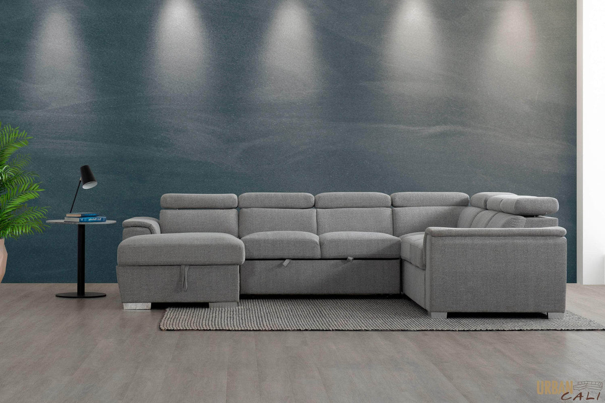 Urban Cali Bel Air 123.5" Wide Large Modular Sleeper Sectional Sofa Bed with Storage Chaise in Thora Stone, image 5