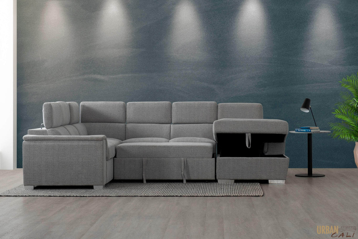 Urban Cali Bel Air 123.5" Wide Large Modular Sleeper Sectional Sofa Bed with Storage Chaise in Thora Stone, image 17