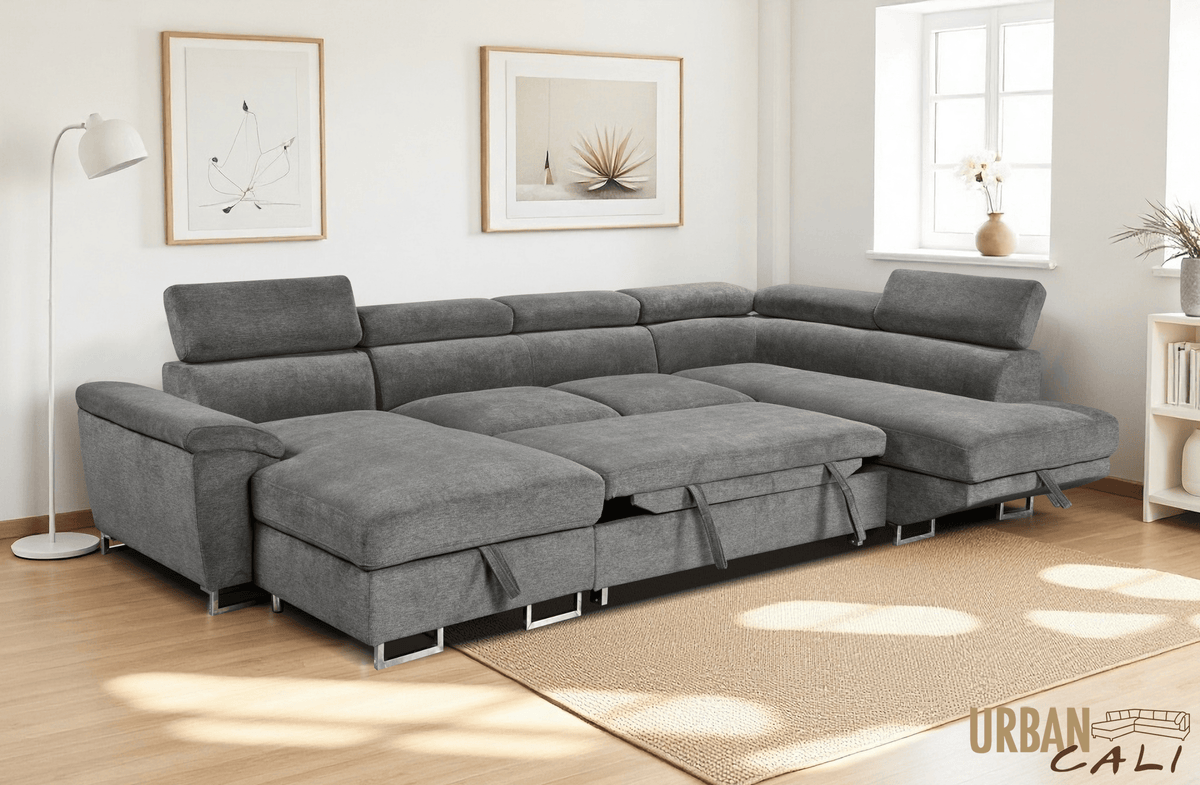Urban Cali Burbank 133" Wide Large Sleeper Sectional Sofa Bed with Adjustable Headrests and Storage Chaises in Ulani Ash, image 3