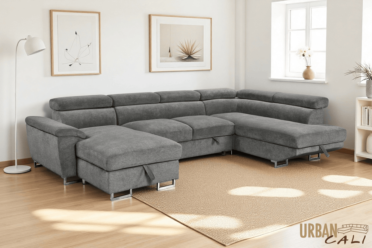 Urban Cali Burbank 133" Wide Large Sleeper Sectional Sofa Bed with Adjustable Headrests and Storage Chaises in Ulani Ash, image 1