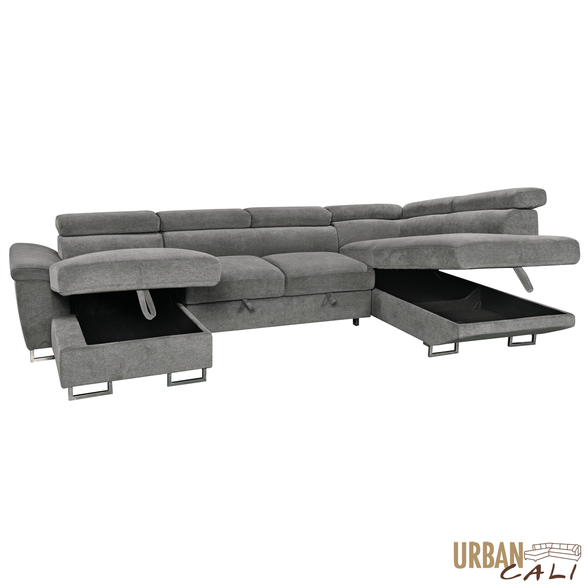 Urban Cali Burbank 133" Wide Large Sleeper Sectional Sofa Bed with Adjustable Headrests and Storage Chaises in Ulani Ash, image 5