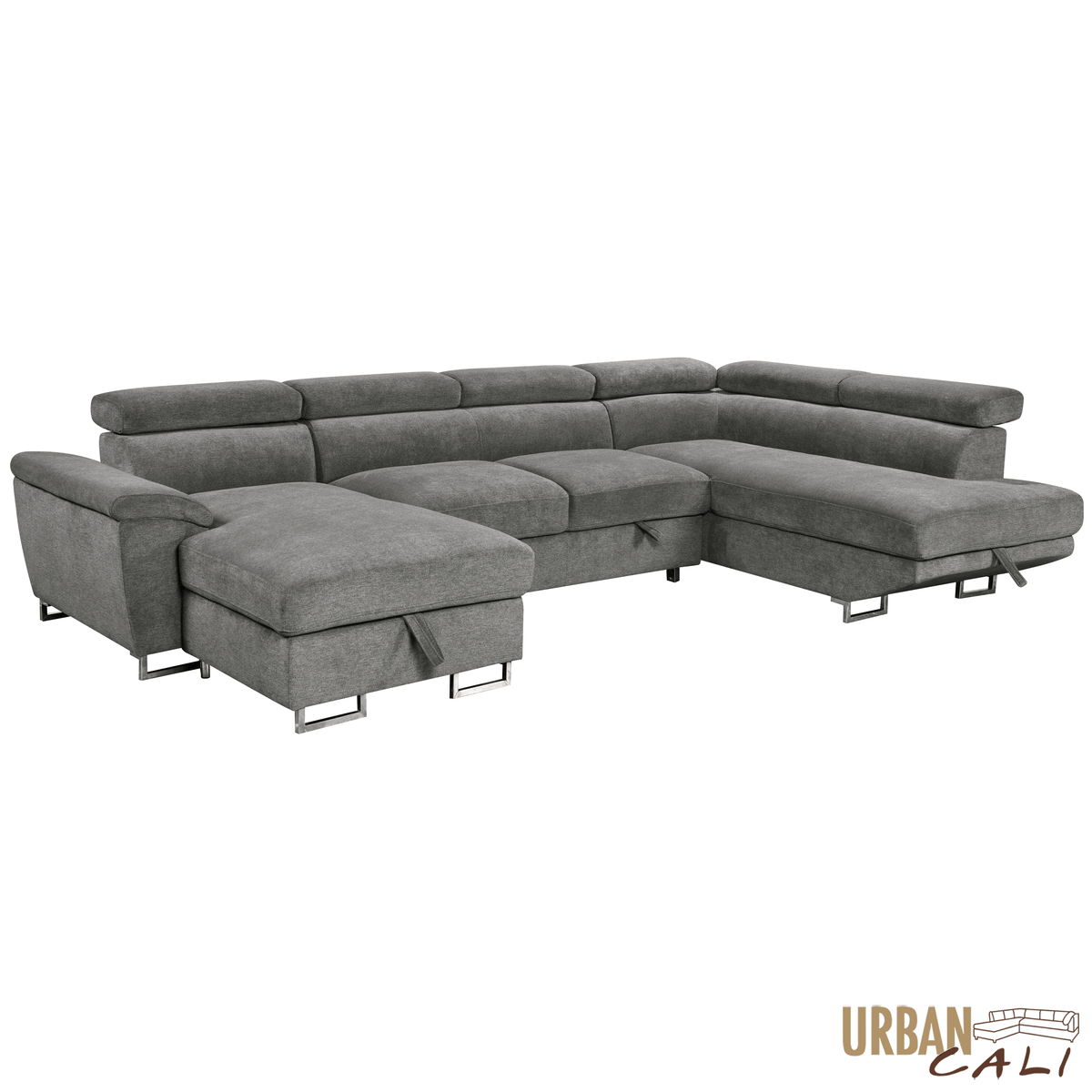 Urban Cali Burbank 133" Wide Large Sleeper Sectional Sofa Bed with Adjustable Headrests and Storage Chaises in Ulani Ash, image 6
