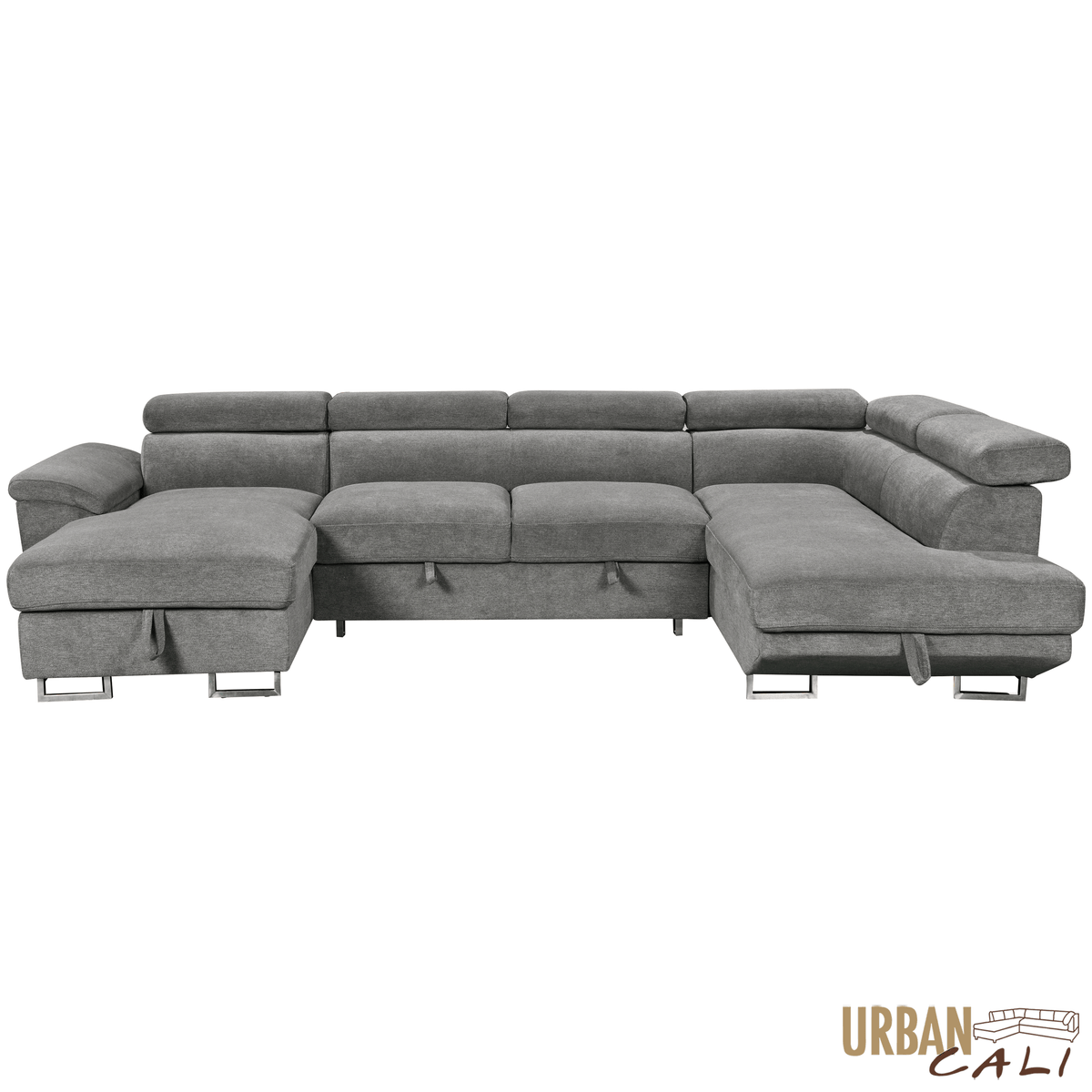Urban Cali Burbank 133" Wide Large Sleeper Sectional Sofa Bed with Adjustable Headrests and Storage Chaises in Ulani Ash, image 8