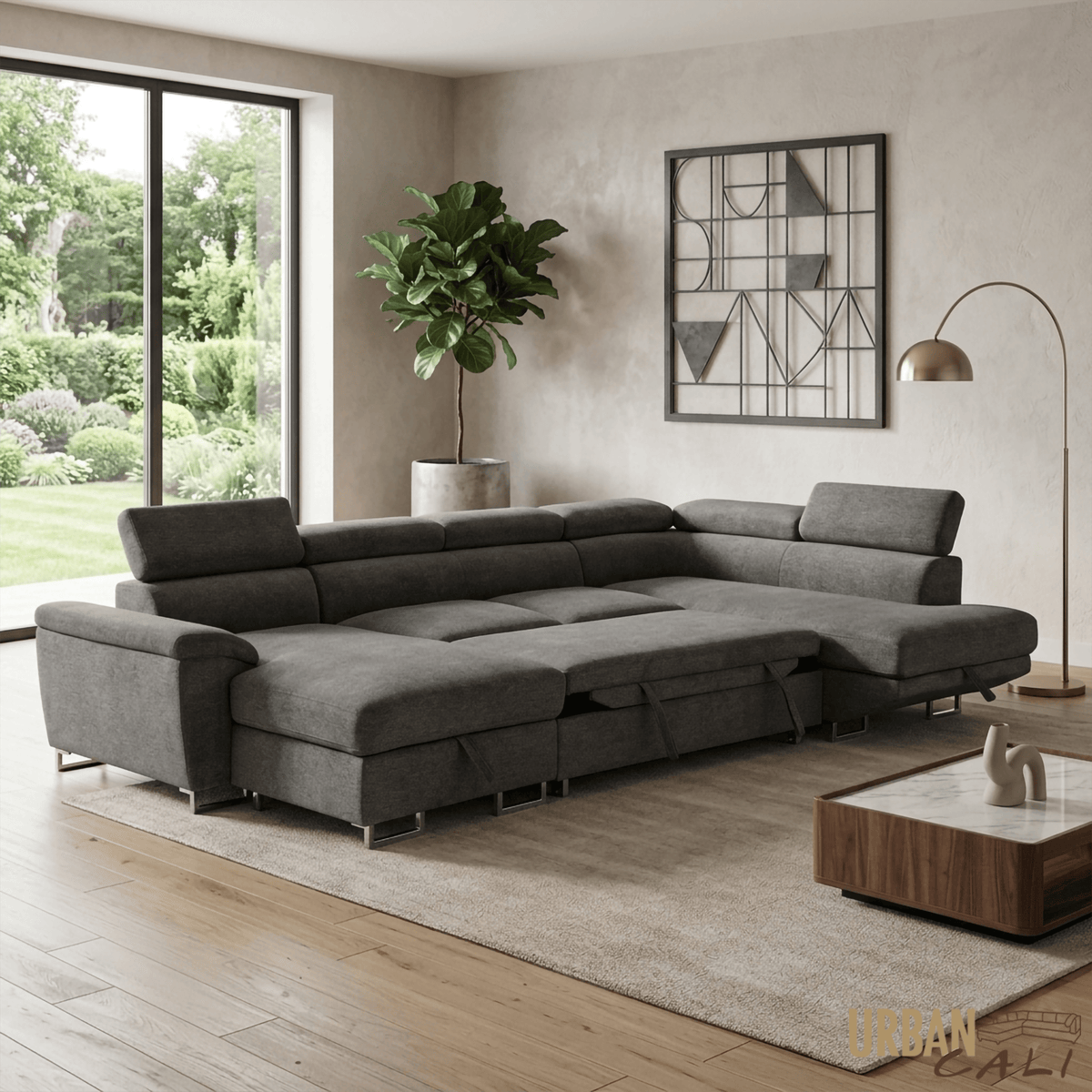 Urban Cali Burbank 133" Wide Large Sleeper Sectional Sofa Bed with Adjustable Headrests and Storage Chaises in Ulani Ash, image 2