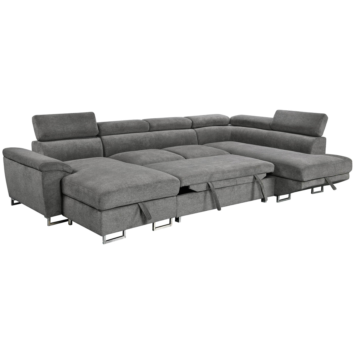 Urban Cali Burbank 133" Wide Large Sleeper Sectional Sofa Bed with Adjustable Headrests and Storage Chaises in Ulani Ash, image 4