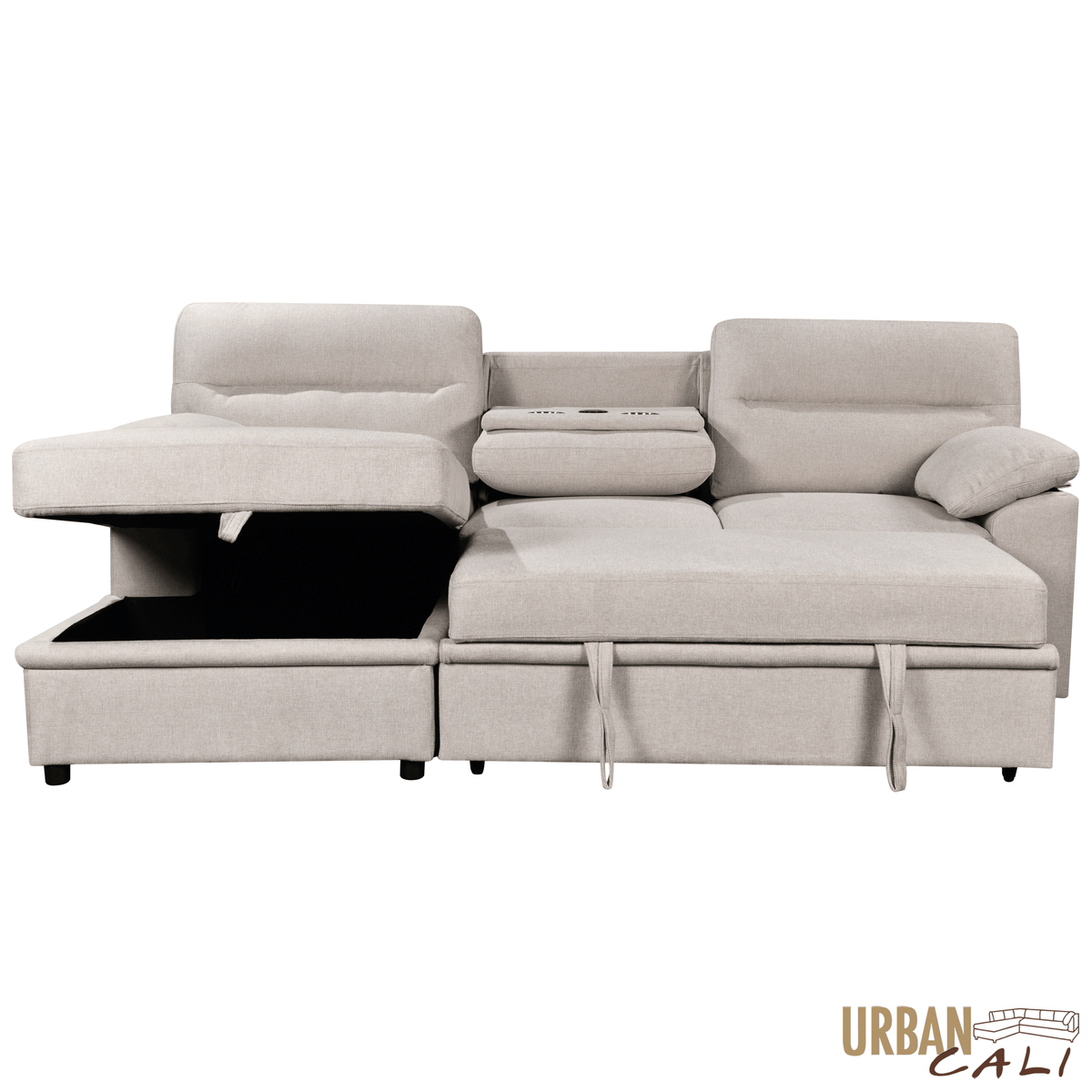Urban Cali Malibu 94.5" Wide Sleeper Sectional Sofa Bed with Pull Down Tray, Cupholders Wireless Charger and Storage Chaise, image 7